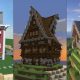 Minecraft house with elaborate multi-tiered wooden roof featuring dormers and detailed chimneys