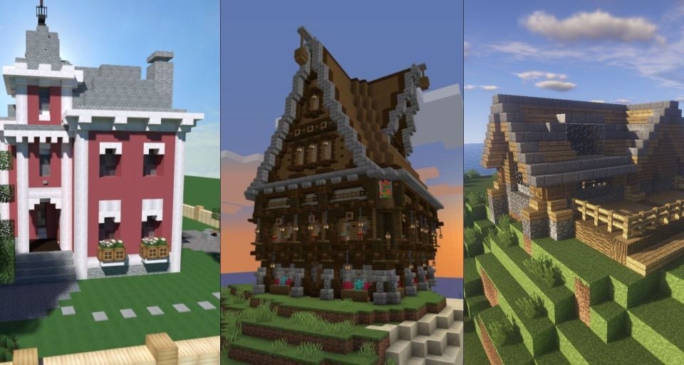 Minecraft house with elaborate multi-tiered wooden roof featuring dormers and detailed chimneys