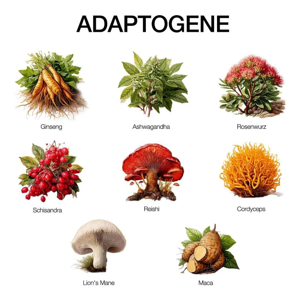 Illustration of adaptogens like ashwagandha, rhodiola, and ginseng, highlighting their role in managing modern stress naturally