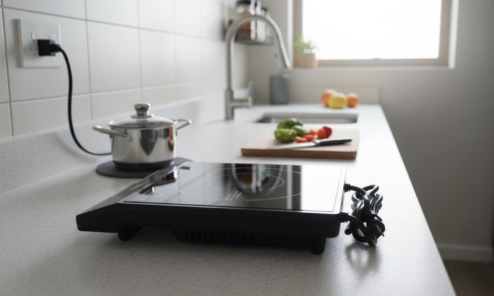 Duxtop 1800W portable induction cooktop on a small apartment counter