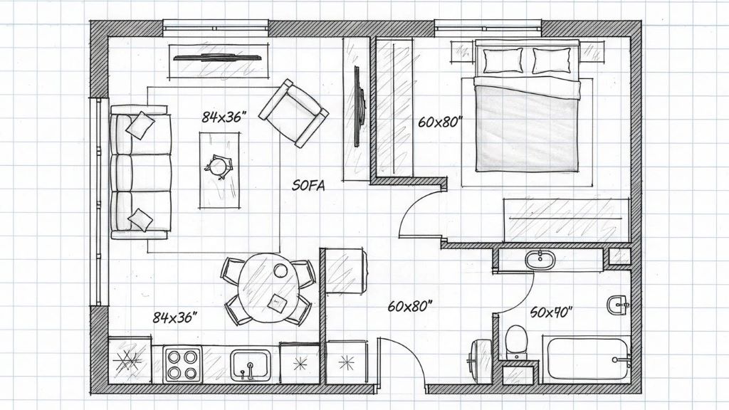 Hand-drawn floor plan sketch on graph paper showing small apartment layout with furniture measurements marked