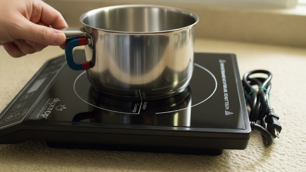 Magnet test demonstrating induction compatible cookware on a pot base