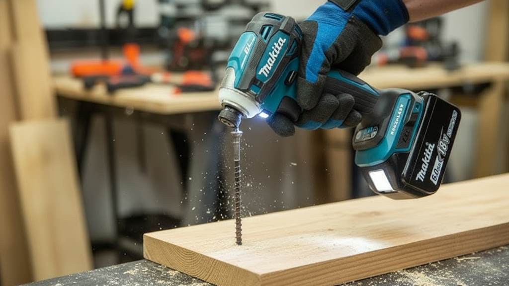 Makita XDT19Z in action driving a long screw into wood