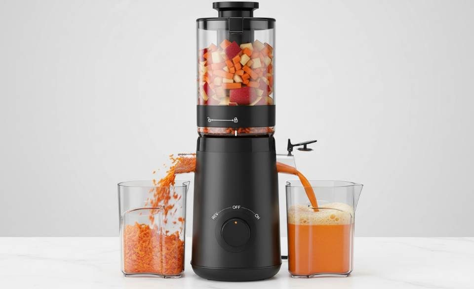 Centrifugal juicer in action rapidly shredding carrots and apples with high-speed spinning blade producing foamy juice