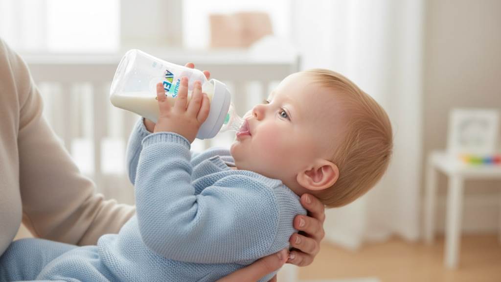 Happy baby drinking from Philips Avent anti-colic bottle with reduced air bubbles