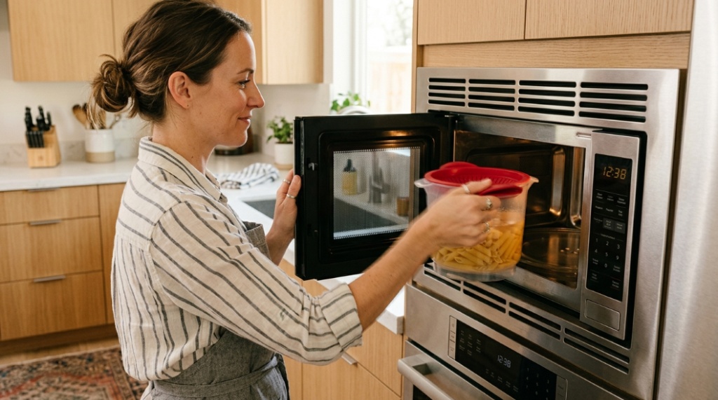 A person placing a microwave pasta cooker filled with penne pasta into a microwave.