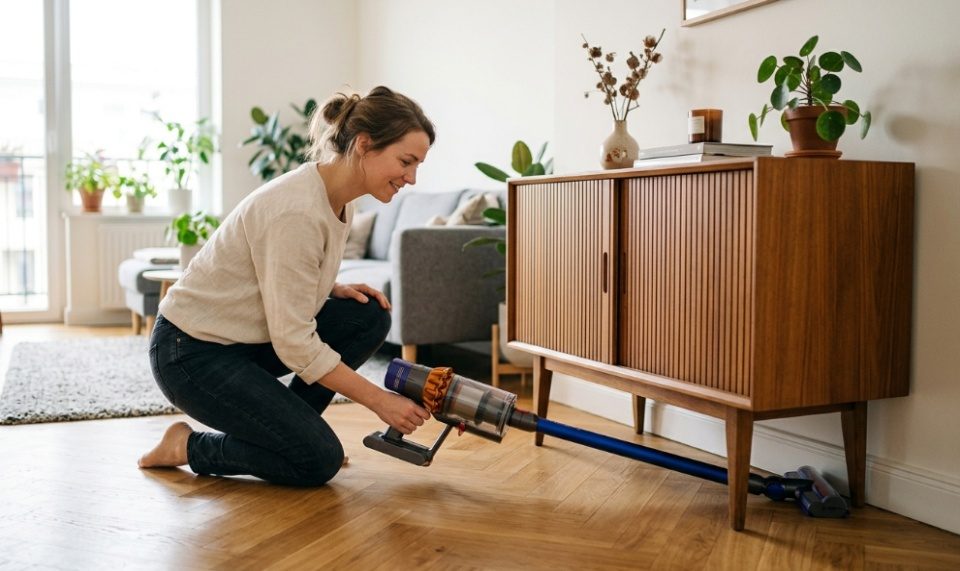 Dyson cordless vacuum standing on a polished dark hardwood floor in a sunny modern living room.