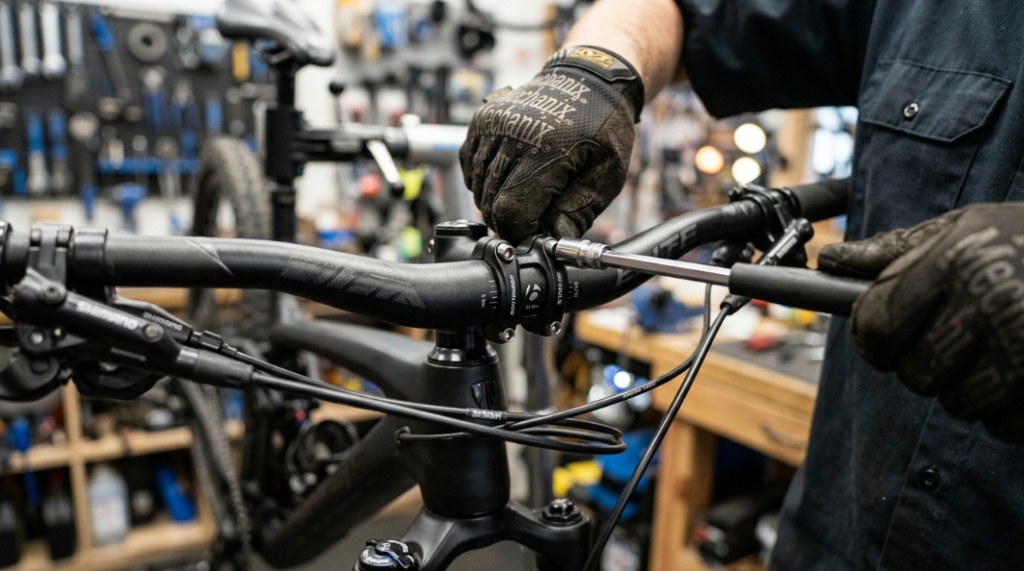 Close-up of hands tightening bolts on a mountain bike handlebar during assembly.