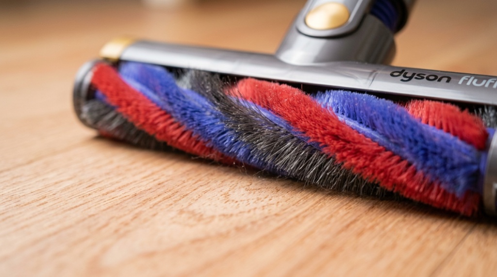 Close-up of a Dyson soft roller cleaner head gliding over smooth mahogany wood planks.