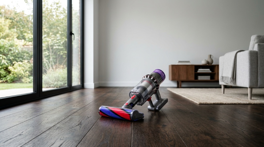 Person using a lightweight Dyson vacuum to clean under wooden furniture on a light parquet floor.