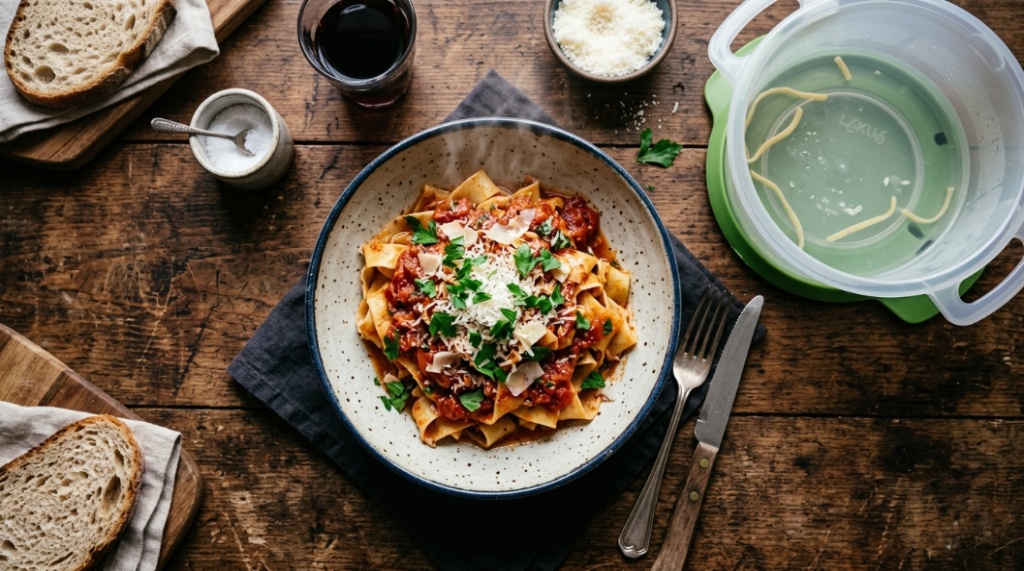 A bowl of hot marinara pasta on a wooden table next to a microwave pasta cooker.
