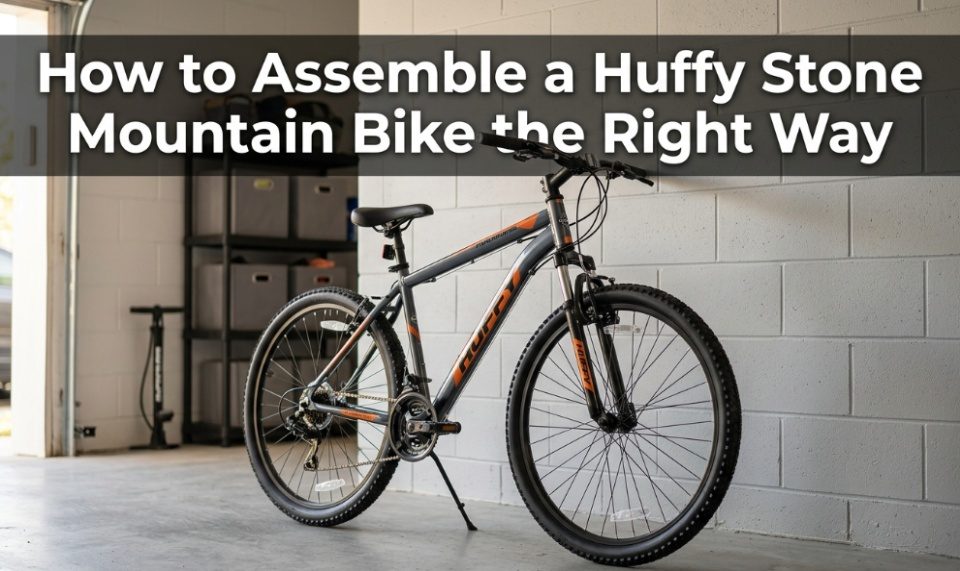 Huffy Stone Mountain bike fully assembled with tutorial title text overlay.