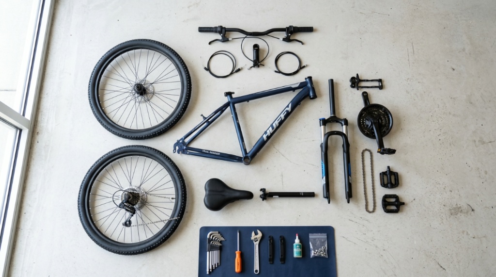 Unboxed Huffy bike parts and tools organized on a floor for assembly preparation.