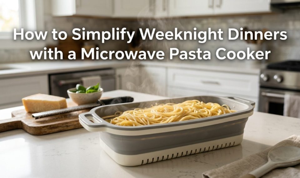 Steaming spaghetti inside a microwave pasta cooker on a bright kitchen counter.