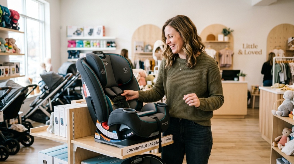 A mother smiling while choosing an affordable baby car seat in a store. 