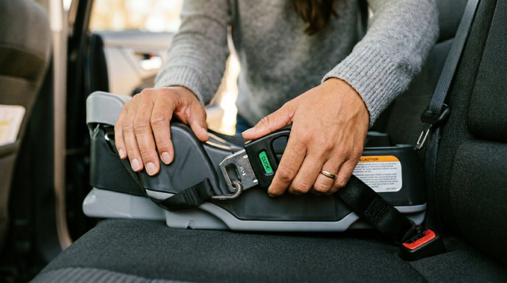Hands locking a baby car seat base into a car safety anchor system. 