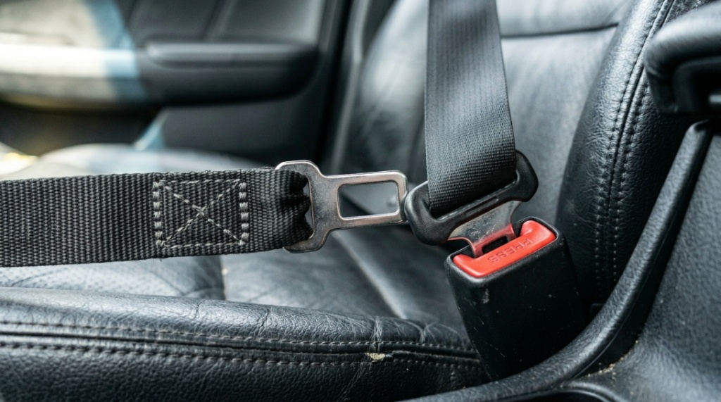 Close-up of a nylon dog seat belt tether clicking into a car buckle.