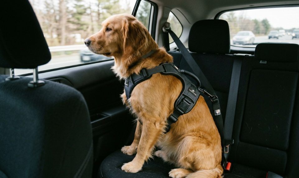 Golden Retriever wearing a dog car harness in the backseat of a car.