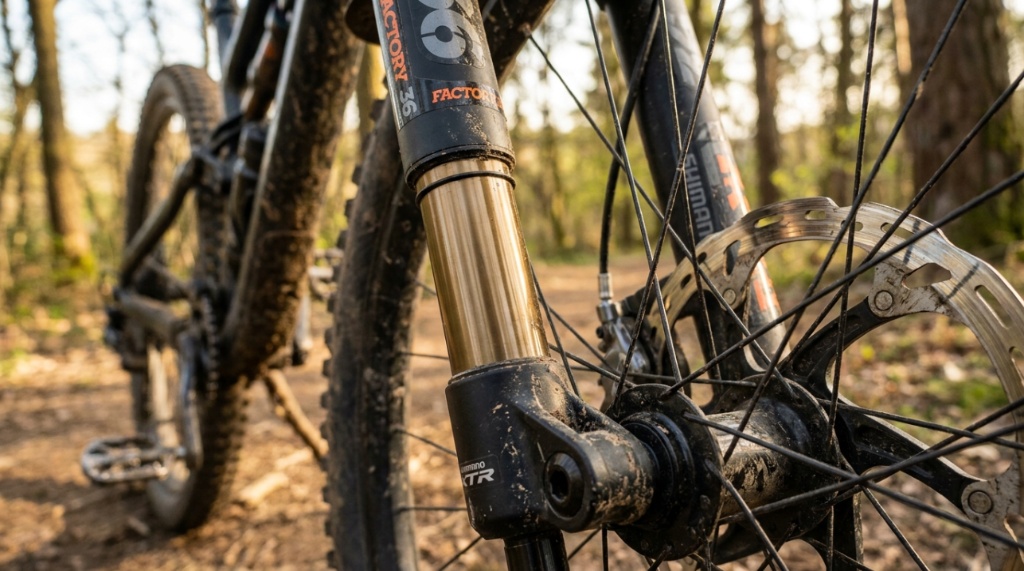 A budget hardtail mountain bike parked at a forest trail entrance during the day.