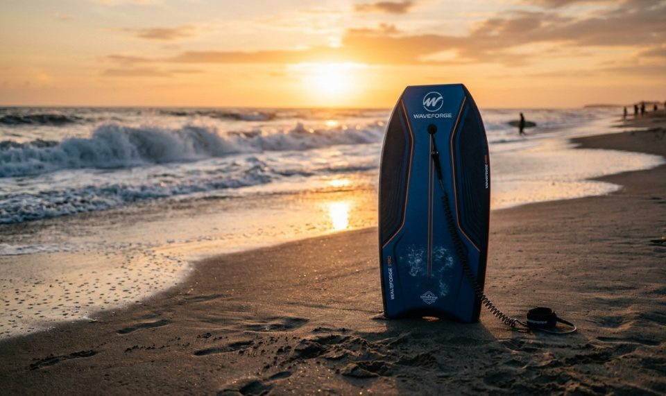 Two different surf training bodyboards displayed side by side on a white background.