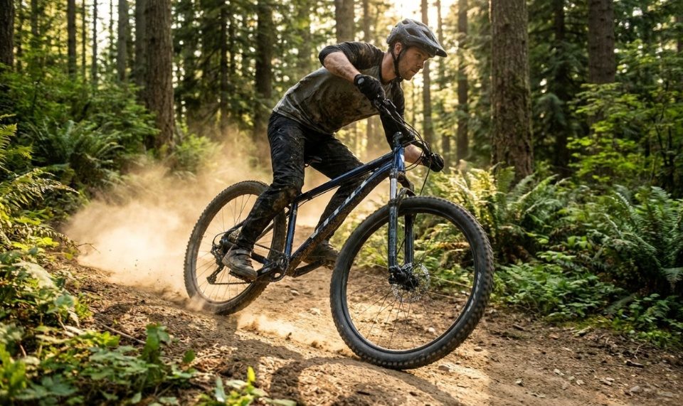 A rider navigating a winding dirt trail on a front suspension mountain bike.