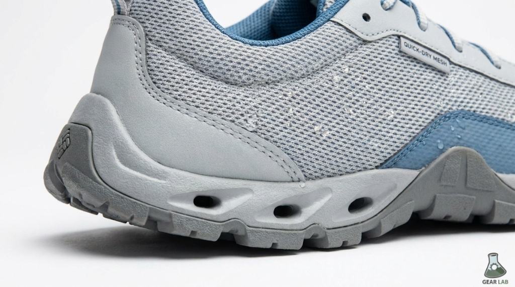 Close-up of water drainage holes on a quick-dry fishing shoe.