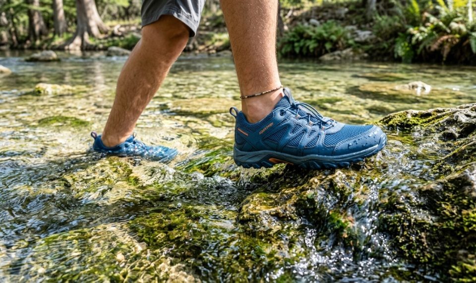 Close-up of blue aqua shoes stepping onto slippery limestone in a shallow river.