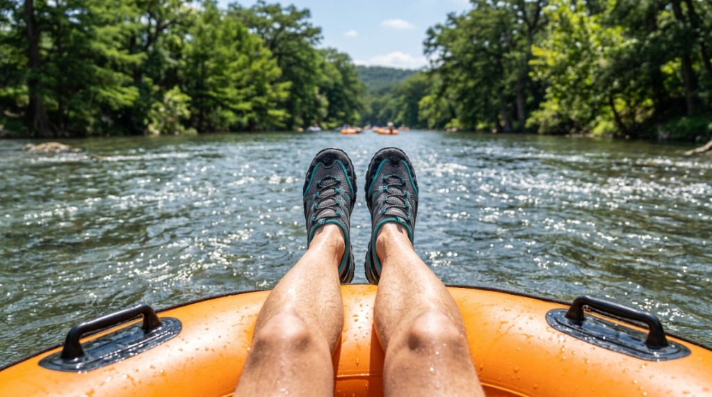 Person wearing flexible aqua shoes while floating on an inner tube downriver.