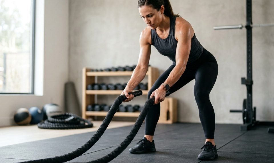A fit person gripping a heavy battle rope in a home gym.