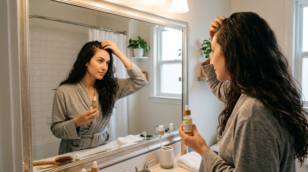 Woman gently massaging nourishing oil into her scalp.
