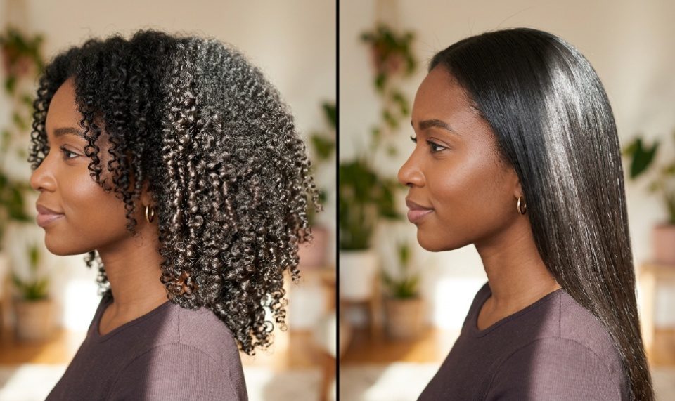 Close-up of glossy natural hair compared to styled hair.